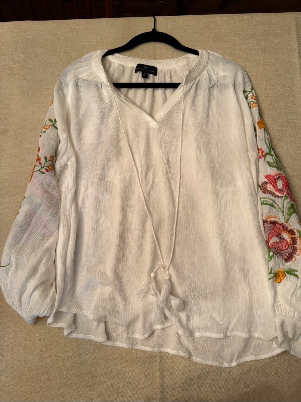 White Peasant Blouse with Multicolor Floral Embroidered Sleeves